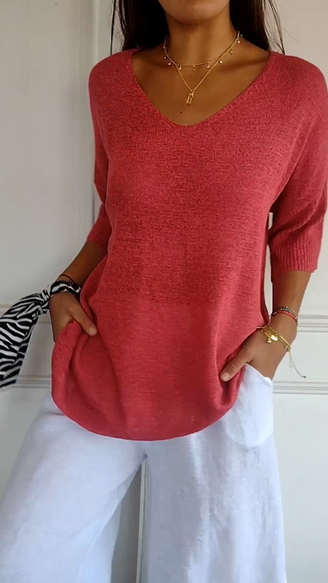Maria - Einfarbiges gestricktes Top mit V-Ausschnitt